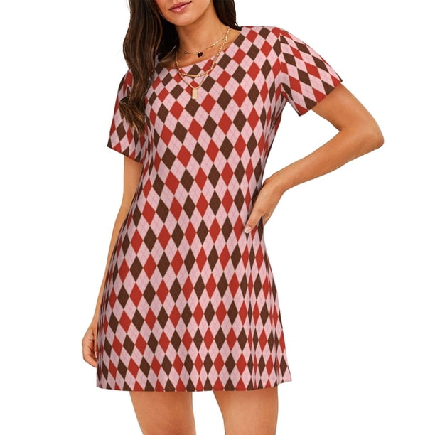 Balery Red and Brown Squares Camisón de manga corta con cuello redondo para mujer, cómodo y elegante.