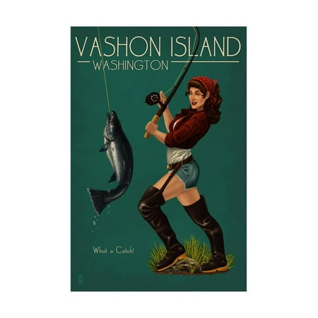 Vashon Island, Washington - Pinup Girl Salmon Fishing Print Wall Art By Lantern