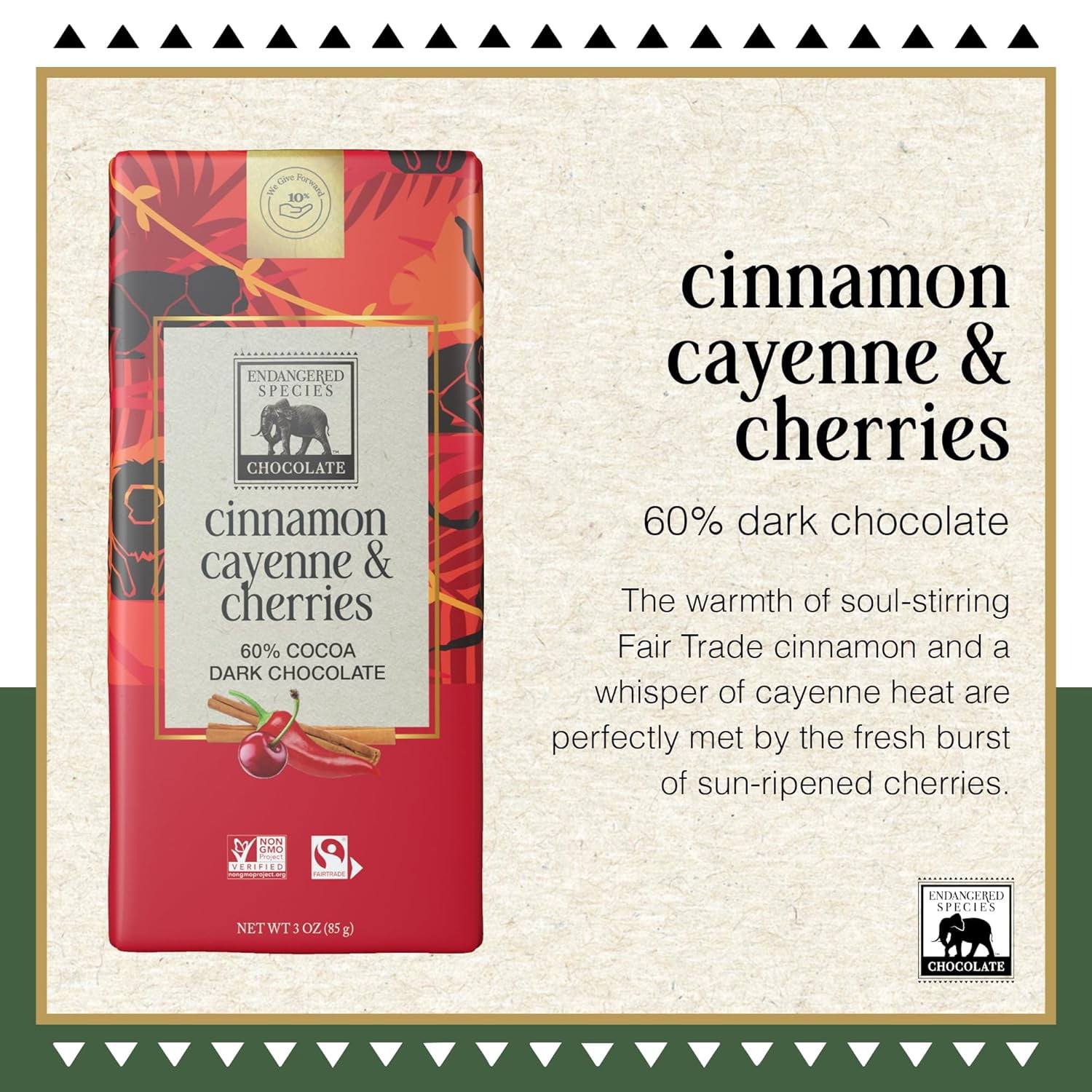 Endangered Species Natural 60% Dark Chocolate Bar Cinnamon Cayenne & Cherries 3 oz Pack of 3