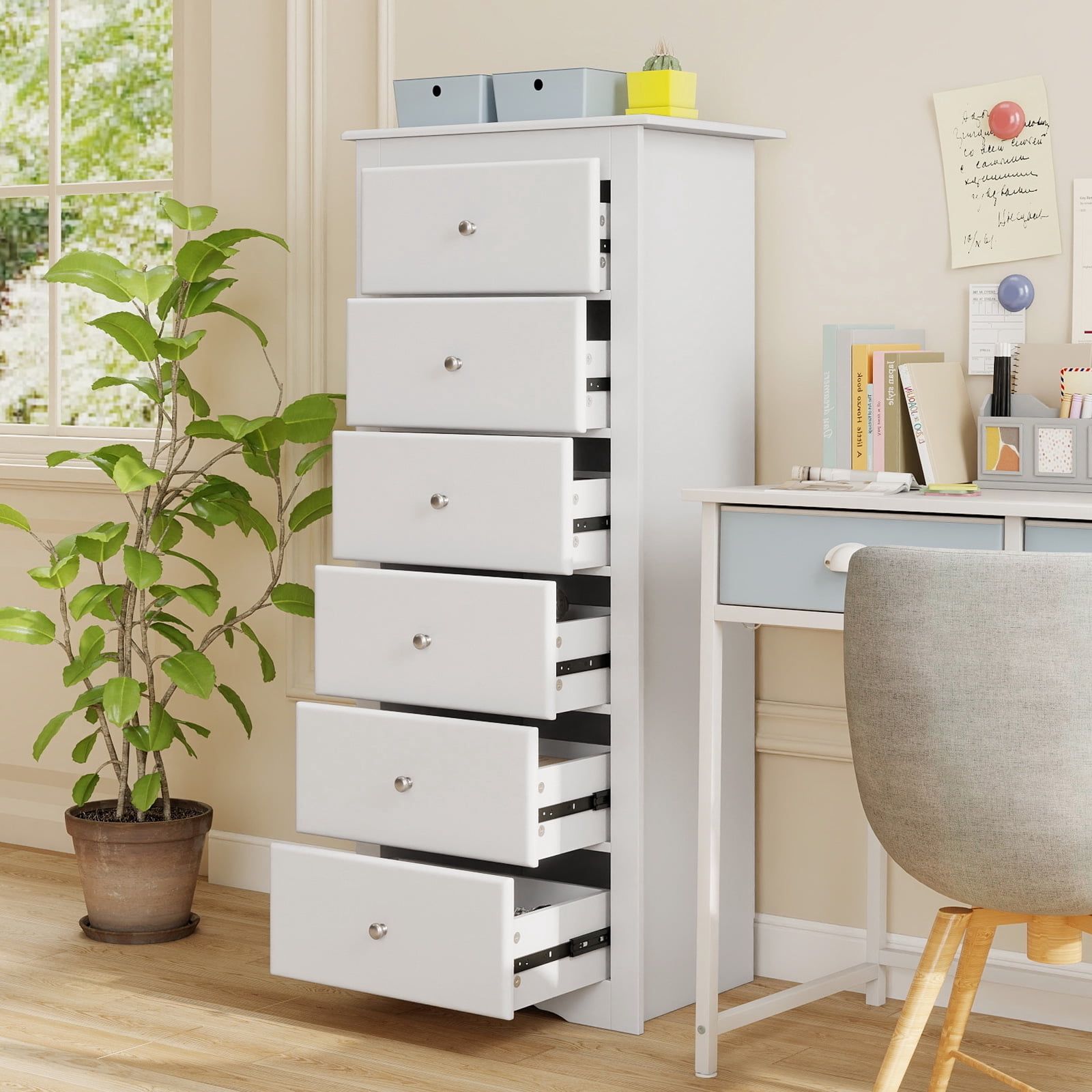Giantex 6 Dresser Chest, Free Standing Wooden Storage Cabinet, Tall Dresser Clothes Organizer, White