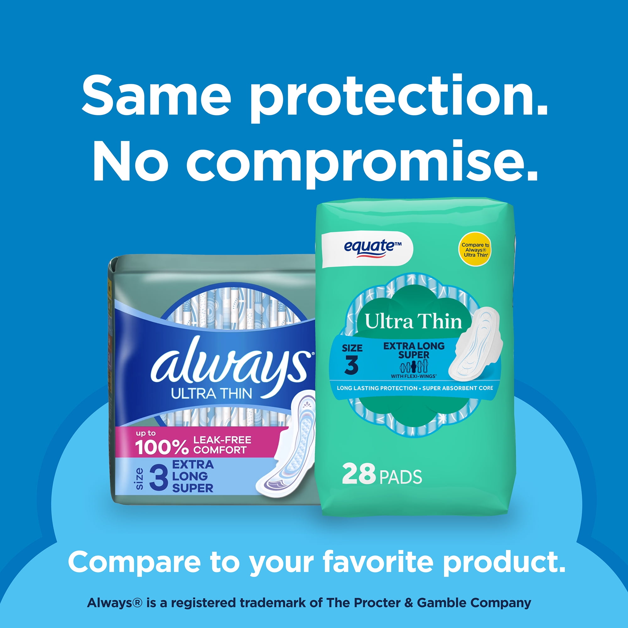 Equate Ultra Thin Pads with Flexi-Wings, Extra Long Super Absorbency, Size 3, 28 Count