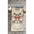 thumbnail image 3 of Ambesonne Hipster Quilted Bedspread Set 2 Pcs, Cat with Retro Glasses, Twin Size, Olive Green Vermilion, 3 of 3
