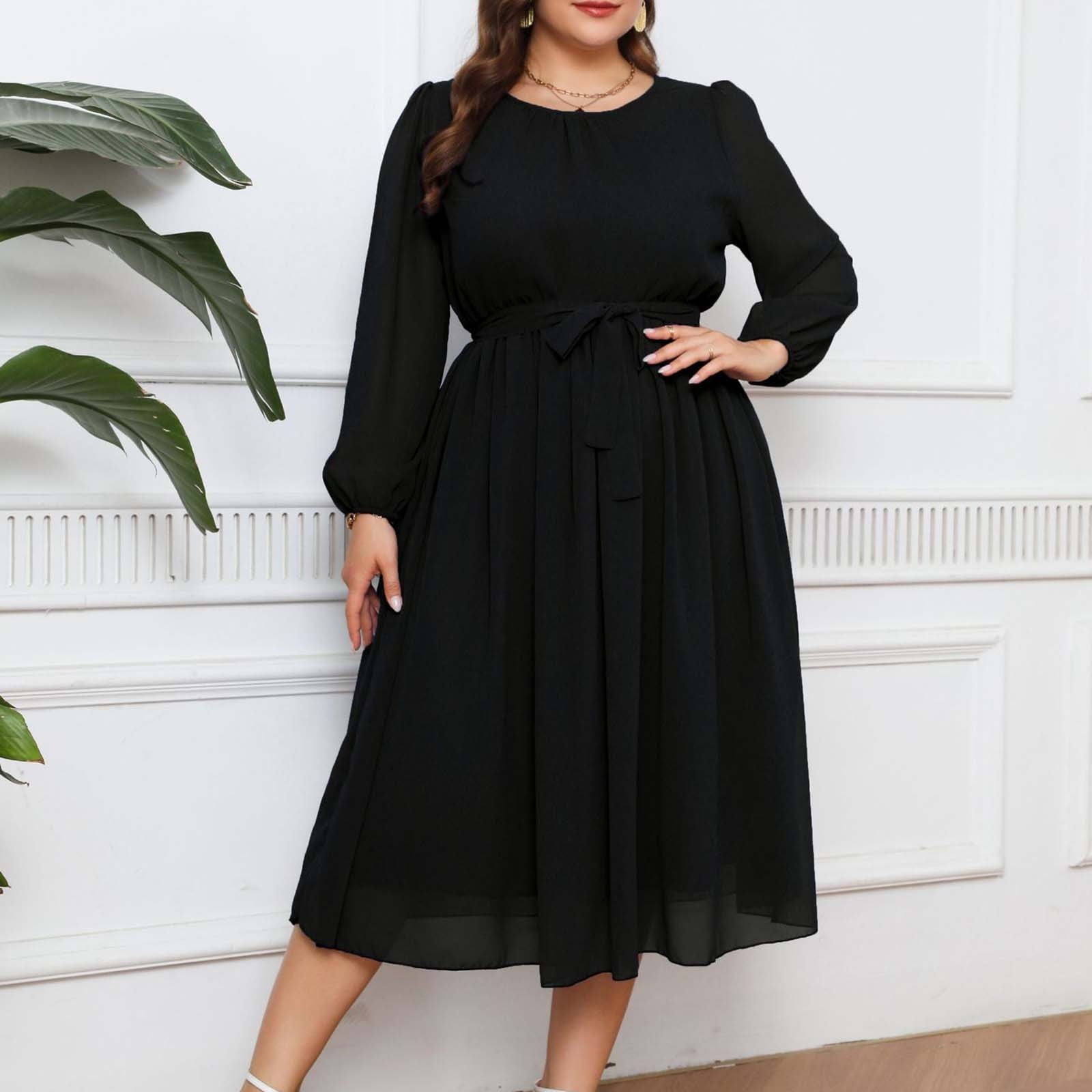 Enjoytime Plus Size Dresses For Curvy Women Fashion Casual Comfort Solid  Color A-Line Dress Tie Long Sleeve Round Neck Flowy Comfy Dresses For Women  - Walmart.com