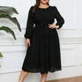 thumbnail image 2 of Diufon Plus Size Womens Chiffon Dresses Solid Color Lace-Up Waist Dress Round Neck Puff Long Sleeve Dress, 2 of 6
