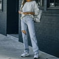 thumbnail image 5 of Women Irregular Waist Casual Ripped Straight High Waisted Straight Leg Bottom Jeans Pants Light Blue M, 5 of 9