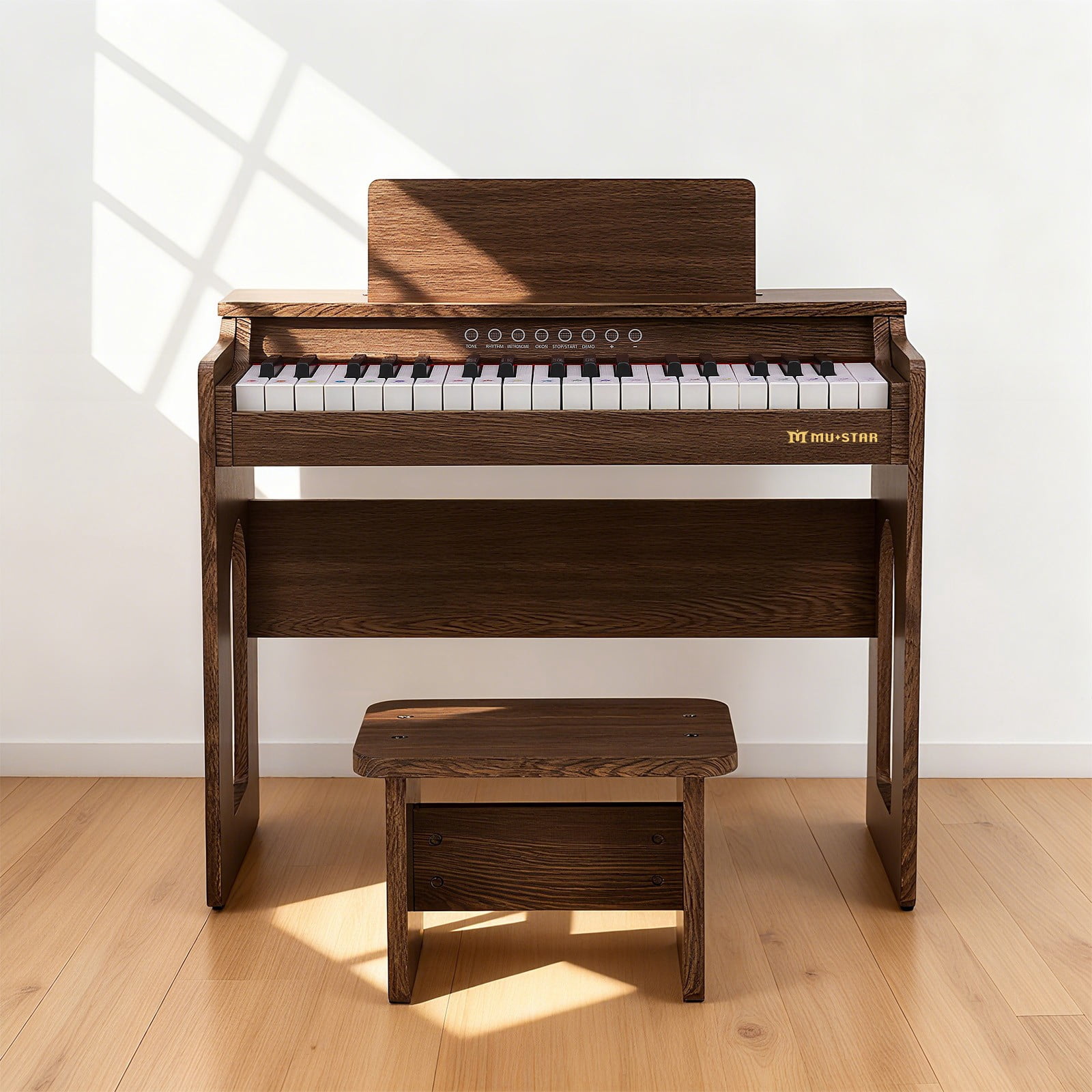 Brown 37Keys Kids Digital Piano Keyboards Wooden Toys Toddler Gifts for Music Education w/Bench,Stickers