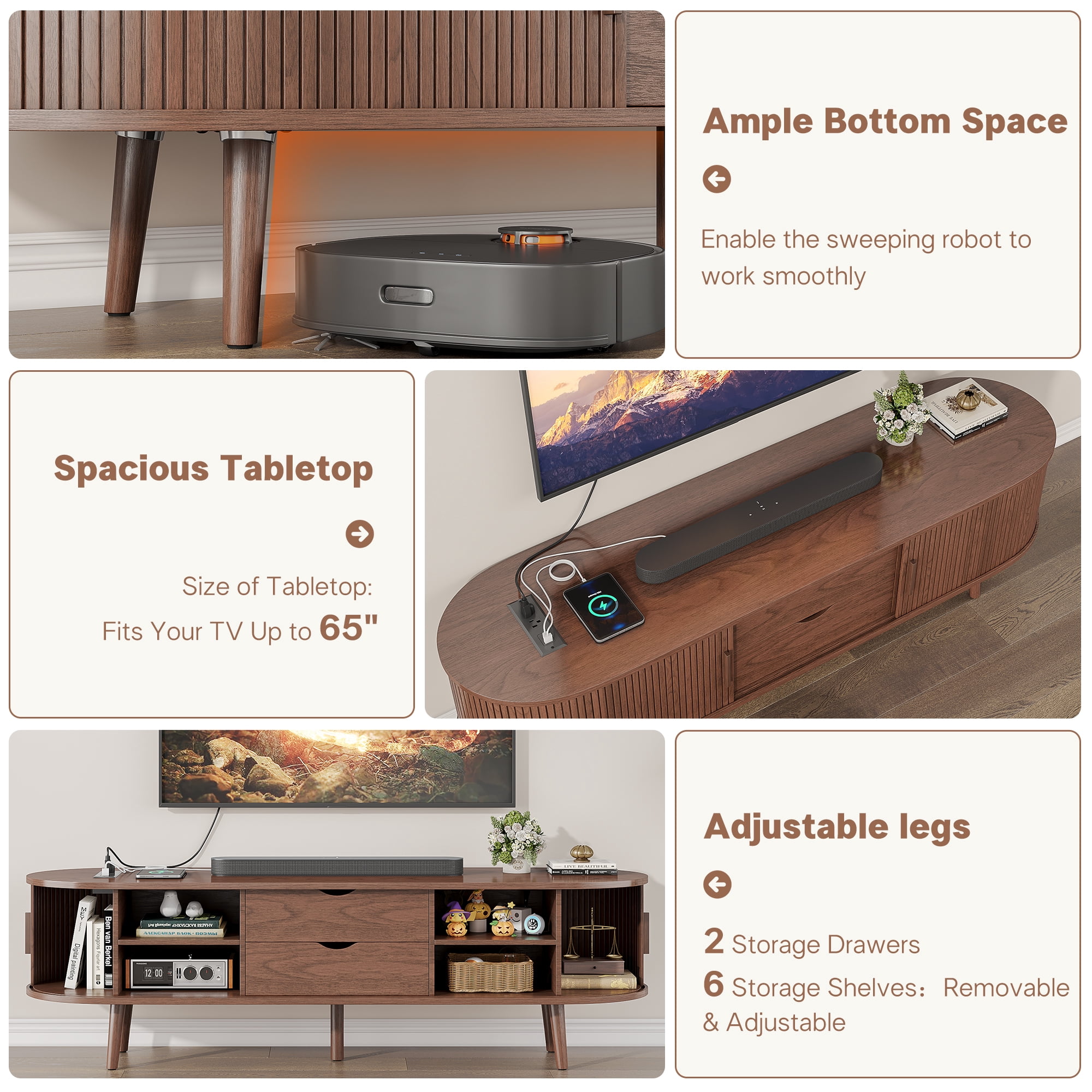 59" TV Stand with Charging Station and Drawers fit 40"- 65" TVs. Mid century Modern TV Stand, Wood Entertainment Center for Living Room and Bedroom, Media Console and Modern TV Console Table ,Walnut