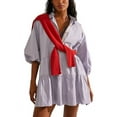 thumbnail image 5 of Chouyatou Women's Summer Puff Sleeve Tiered Tunic Babydoll Dress Cute Mini Button Down Shirt Dress, 5 of 6