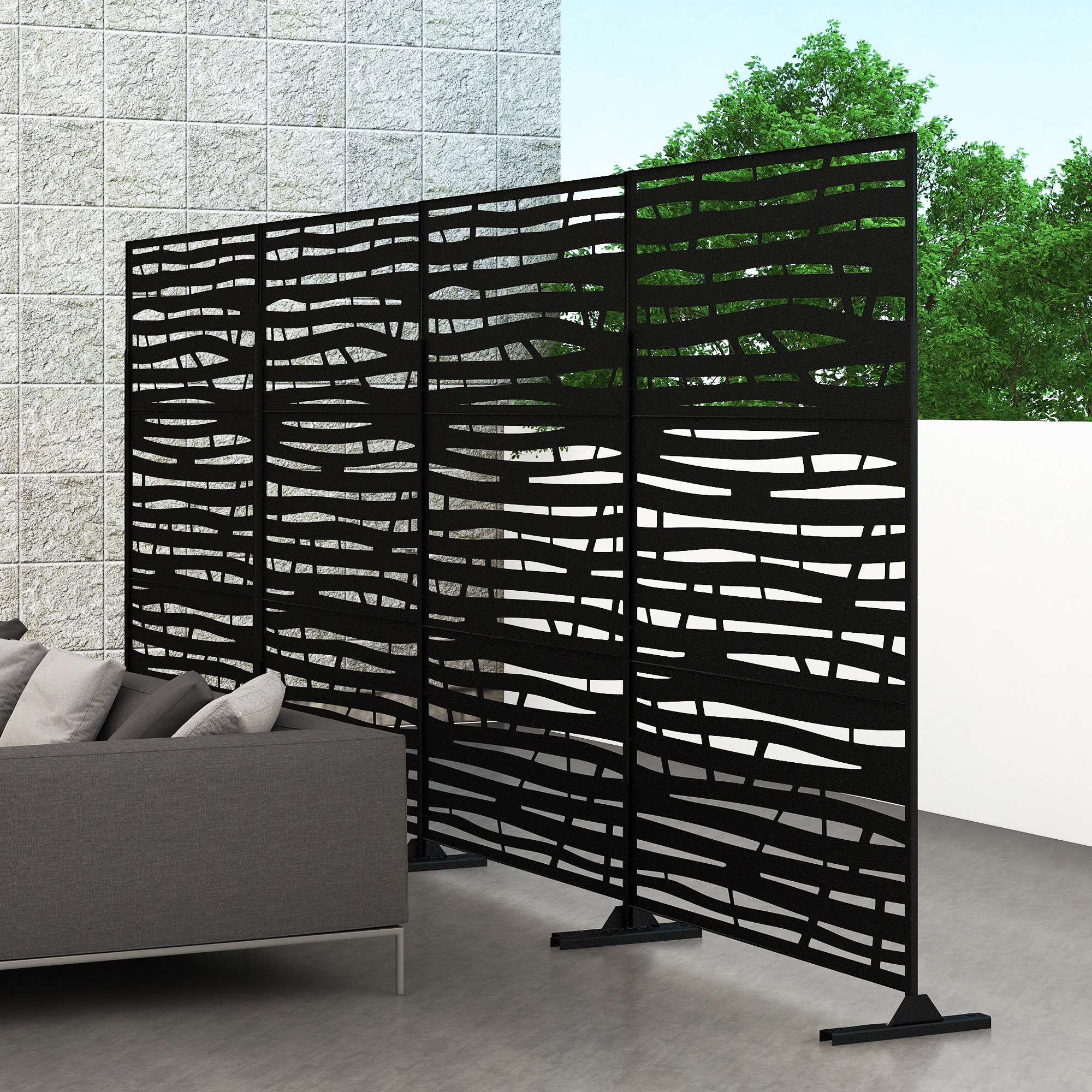 MAYEERTY 72×47" Outdoor Black Metal Privacy Panel Screen for Backyard & Garden, Geometric Vine and Thorn Pattern