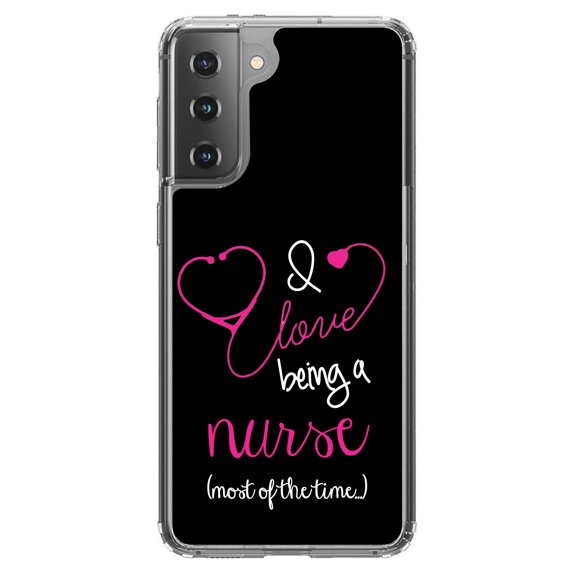 DistinctInk Clear Shockproof Hybrid Case for Galaxy S21  PLUS 5G (6.7" Screen) - TPU Bumper, Acrylic Back, Tempered Glass Screen Protector - I Love Being A Nurse Most of the Time - for Nurses