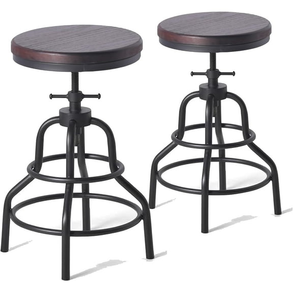 Set of 2 Farmhouse Bar Stools 19.7-26.8inch Counter Height Adjustable Vintage Kitchen Island Stool Swivel Wooden Seat Industrial Breakfast Cafe Chair