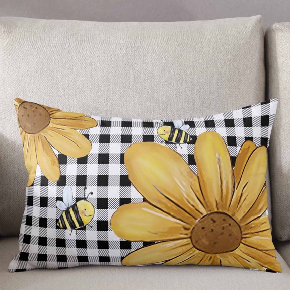 Decorative Pillow Cover 16x24 Inch Farmhouse Floral Yellow Sunflower Lumbar Pillow Cover Farmhouse Bees Plaid Soft Cushion Covers for Sofa Couch Bed, Living Room Home Decor