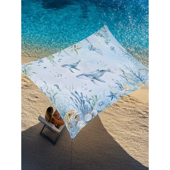 Ocean Blue Whale Sun Shade Sail 12' x 16', Summer Beach Nautical Starfish Seaweed Shell Coral Rectangle Outdoor Sunshade Canopy, Waterproof UV Block Patio Covers for Garden Yard Beach
