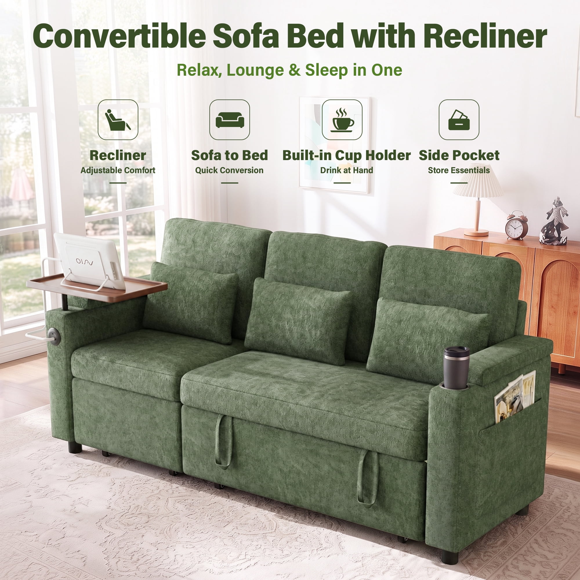 Aukfa 81" Convertible Sleeper Sofa,Chenille 3-in-1 Sofa Bed with Recliner,Center Table,USB Ports & Storage Armrests,Green