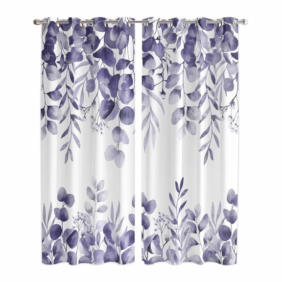 Purple Eucalyptus Leaves Kitchen Curtains Window Panels, Spring Summer Botanical Insulated Window Treatment Curtain, Grommet Curtains for Bedroom/Living Room/Bathroom, 2 Piece 42"Wx84"L
