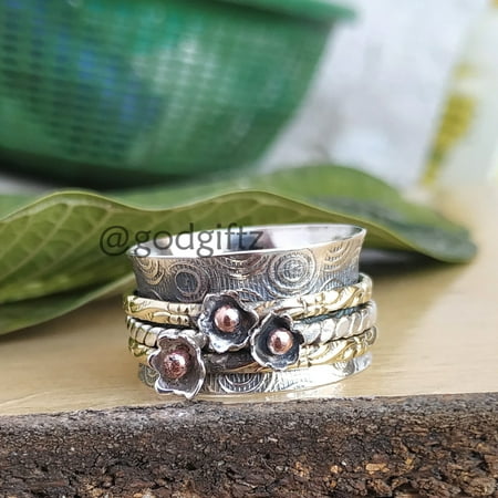 Boho spinner Ring Flower Ring Silver925 Women Ring Sterling Silver 925 ring Fidget spinner ring women silver anxiety ring all size
