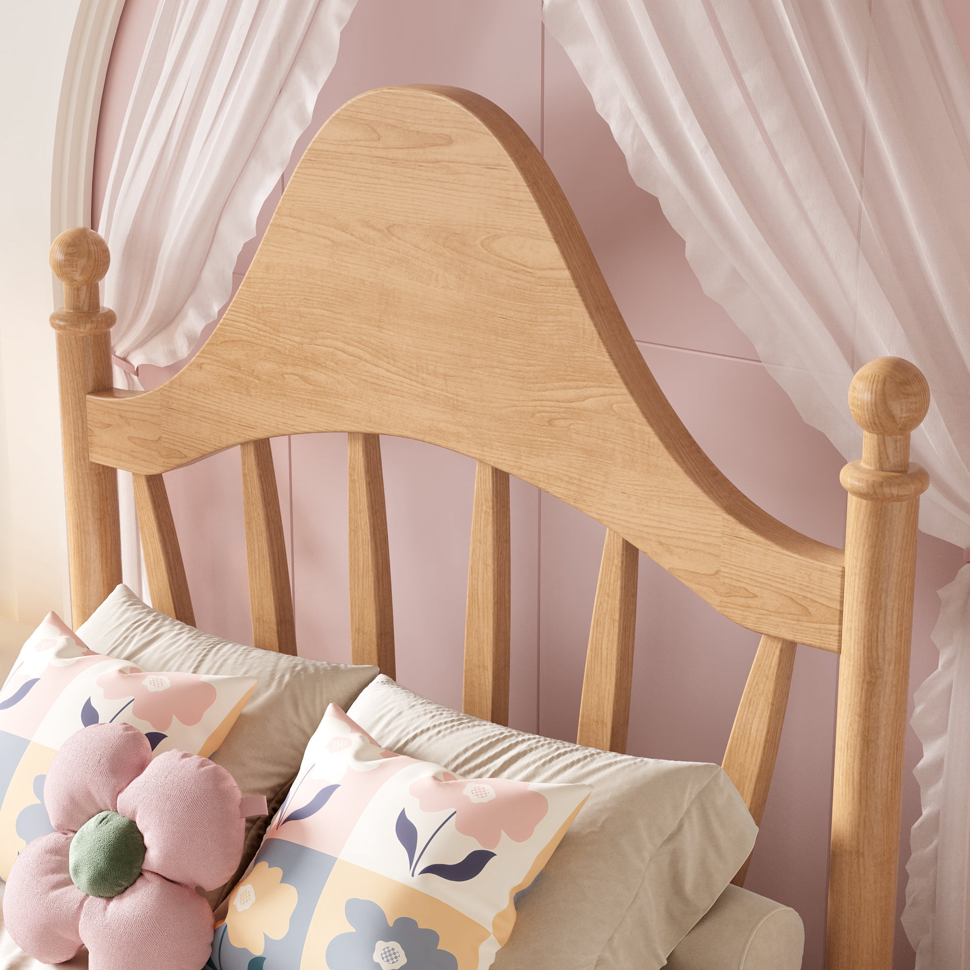 Leumius Twin Size Platform Bed with Chic Headboard, Solid Wood Bed Frame with Slatted Support, Low to Ground Design for Bedroom Natural
