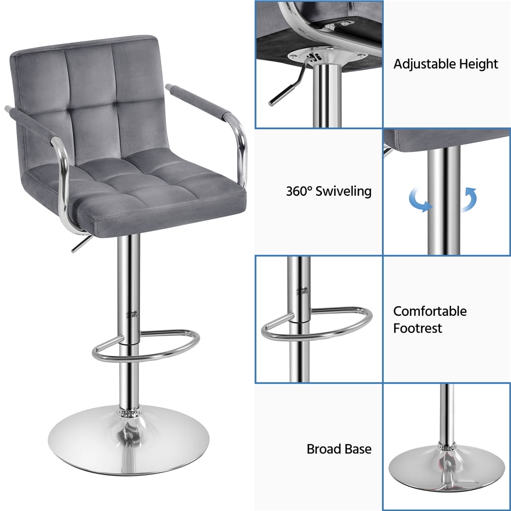 Alden Design Adjustable Modern Velvet Bar Stools with Swivel, Set of 2, Dark Gray