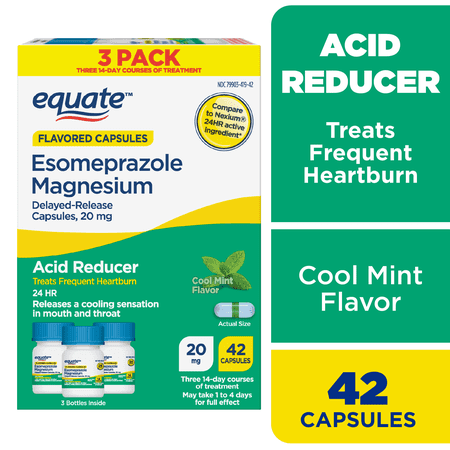 Equate Esomeprazole Magnesium Delayed-Release Flavored Capsules, 20 mg, Cool Mint Flavor, 14 Count, 3 Pack, Heart Burn Medicine, Compare to Nexium OTC