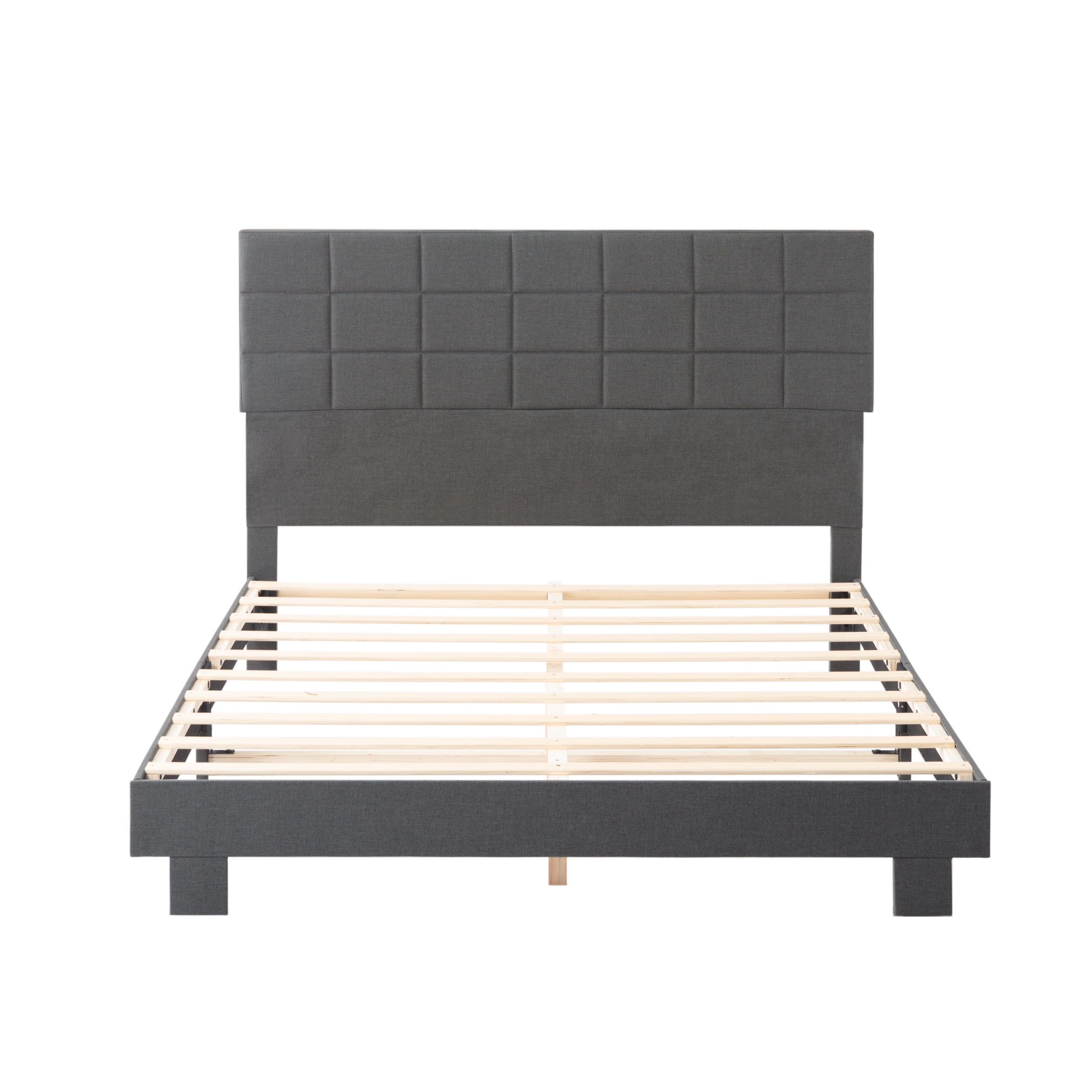 Gewnee Queen Size Platform Bed Frame, Adjustable Linen Upholstered Headboard, Wood Slats, Bedroom, Dark Grey