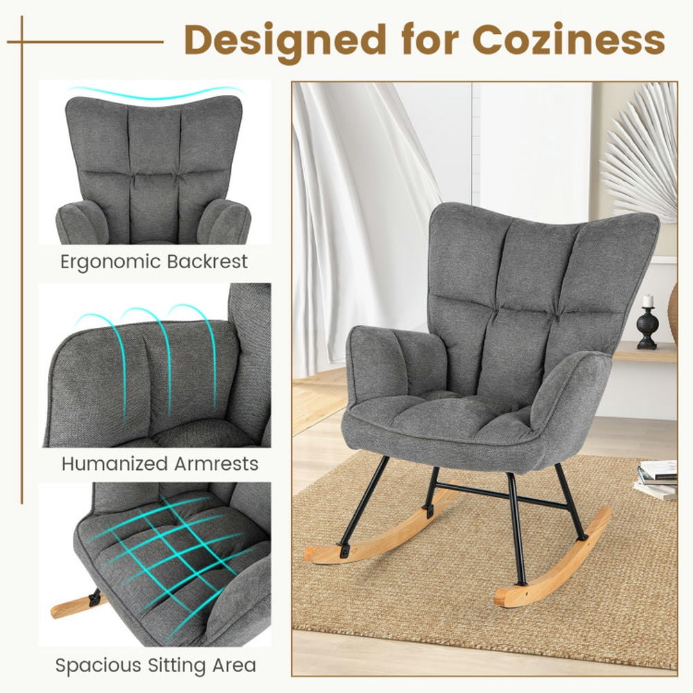 Finihen Rocking Chair, Modern Rocking Accent Chair, Linen Nursery Rocking Chair with High Backrest and Padded Armrests, for Living Room, Bedroom, Dorm, Gray