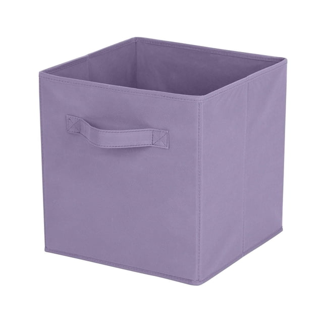 Mainstays Storage Cube Fabric Basket Bin in purple, foldable with a square shape and a sturdy fabric handle, made of non-woven fabric and cardboard, measuring 10.5in by 10.5in by 11in, ideal for home storage and organization in closets, nurseries, or playrooms, also suitable for storing craft supplies or seasonal items.