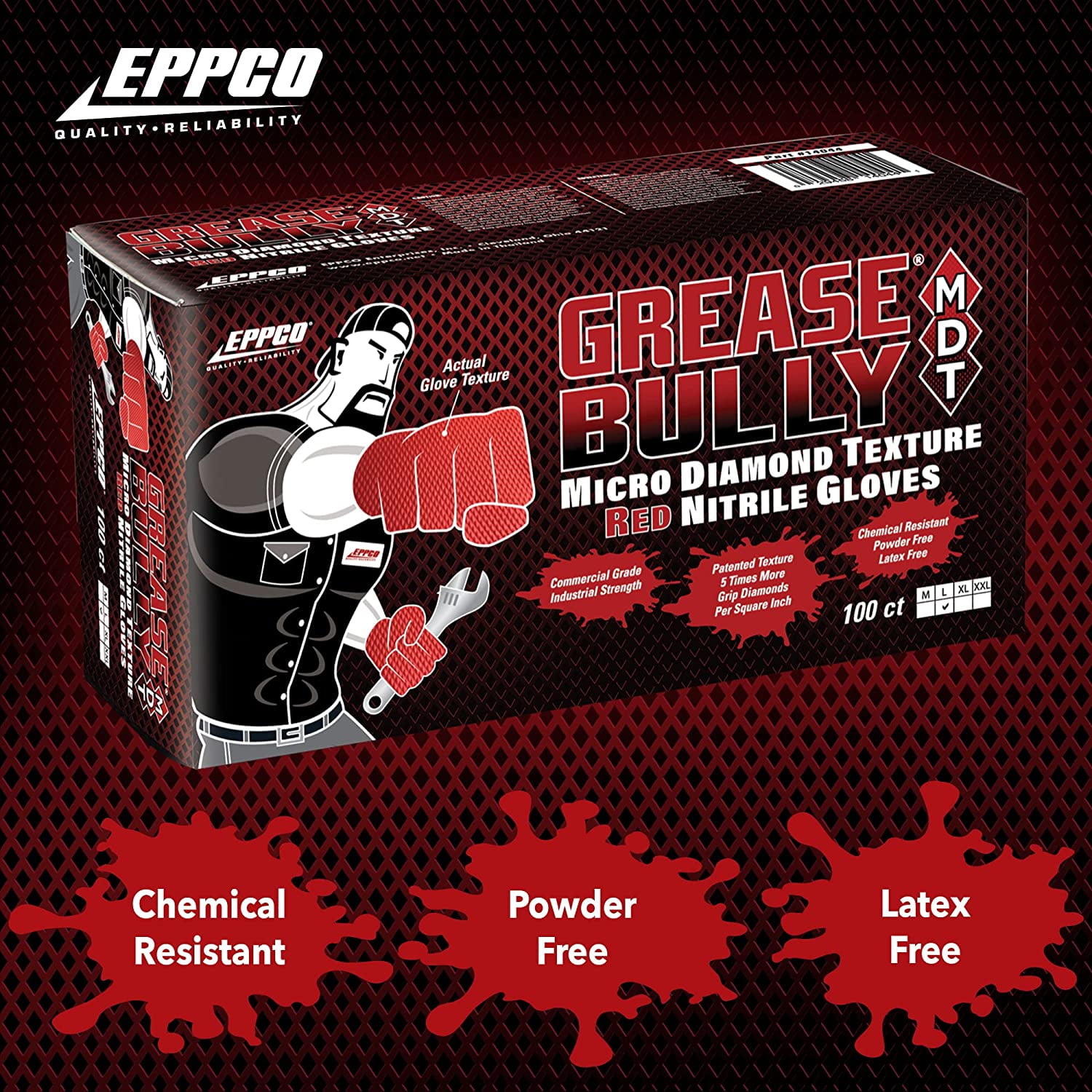 Eppco Grease Bully MDT Nitrile Gloves, Red, 7MIL, Micro-Diamond Texture, Large, 10 Boxes