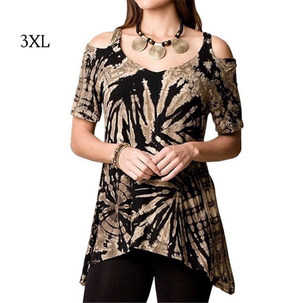 Qarigey Blusa de manga corta con cuello en V y hombros descubiertos con dobladillo irregular estampado tie-dye para mujer Prendas para la parte del cuerpo Caqui 3XL