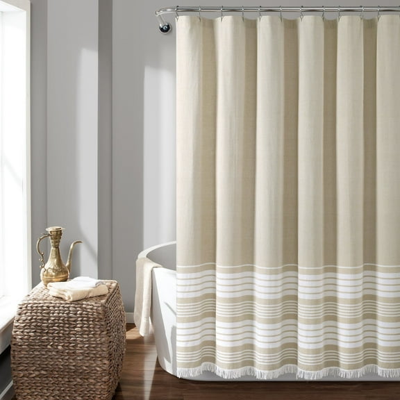 Lush Decor Nantucket Yarn Dyed Cotton Tassel Fringe Stripe Shower Curtain, 72x72, Taupe, Single