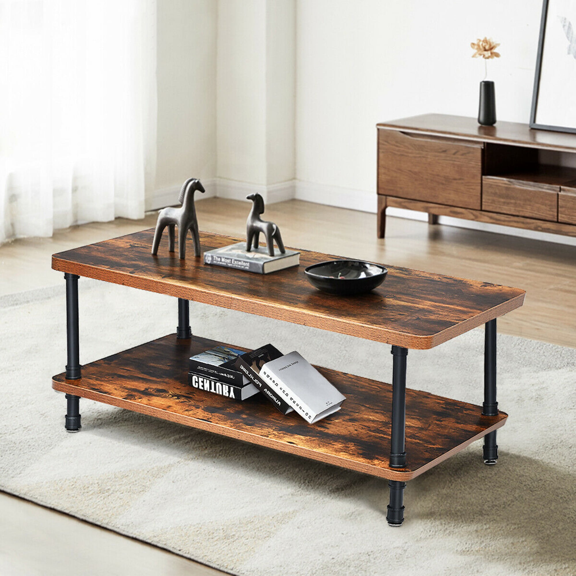 Gymax Industrial Rustic Wood and Metal Coffee Table with Shelf, Brown