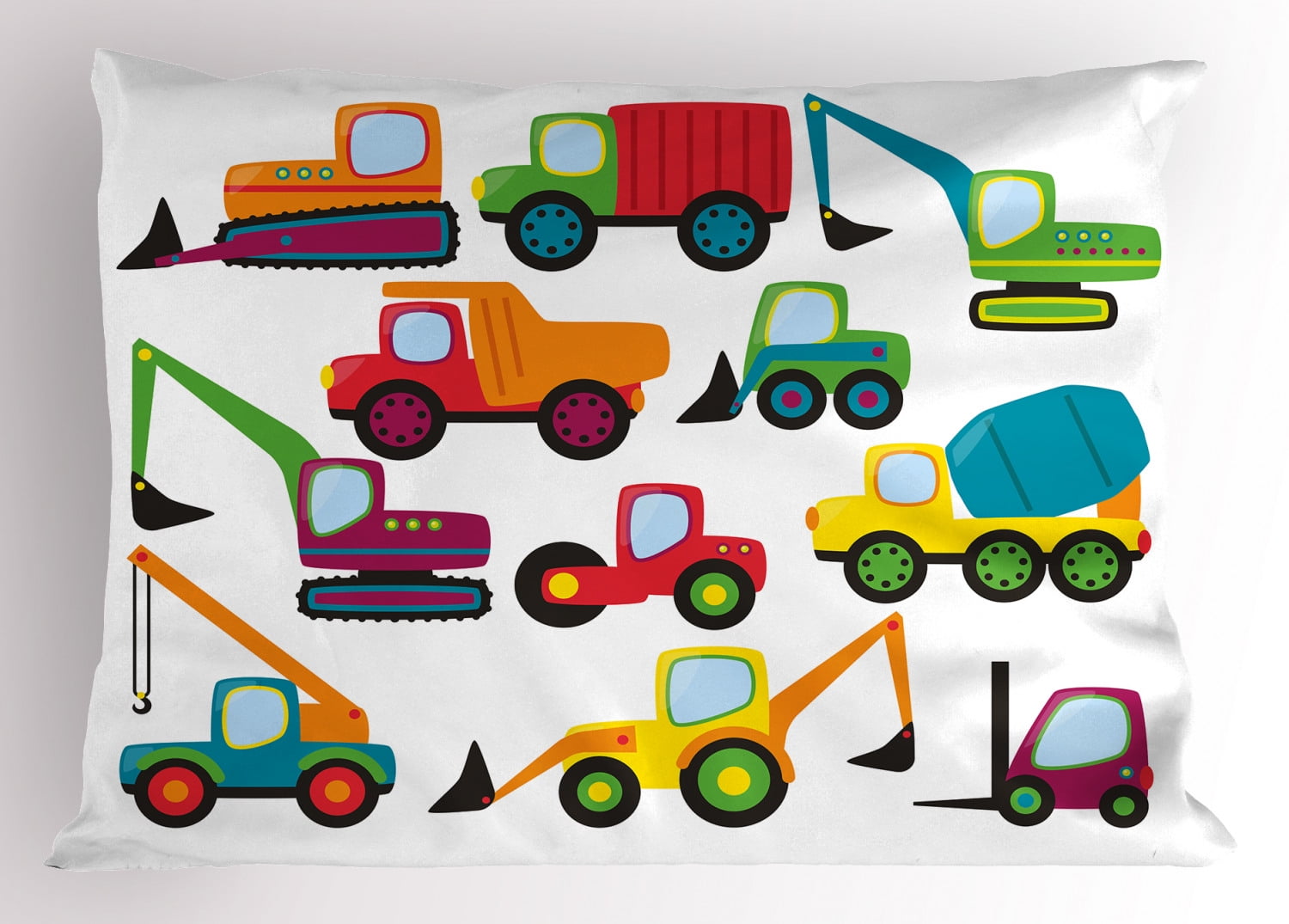 Construction Pillow Sham Cute Style Vehicles and Heavy Equipment Forklift Earthmover Excavator Mixer, Decorative Standard Queen Size Printed Pillowcase, 30 X 20 Inches, Multicolor, by Ambesonne