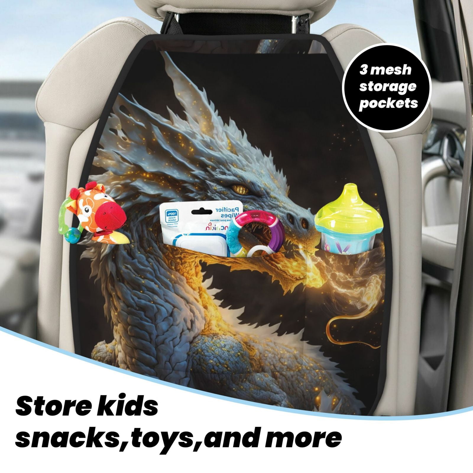 Xecao Golden White Fire Dragon Pattern Car Seat Back Protector 2 Pack Large Capacity Pocket, Kick Mats Back Seat Protector