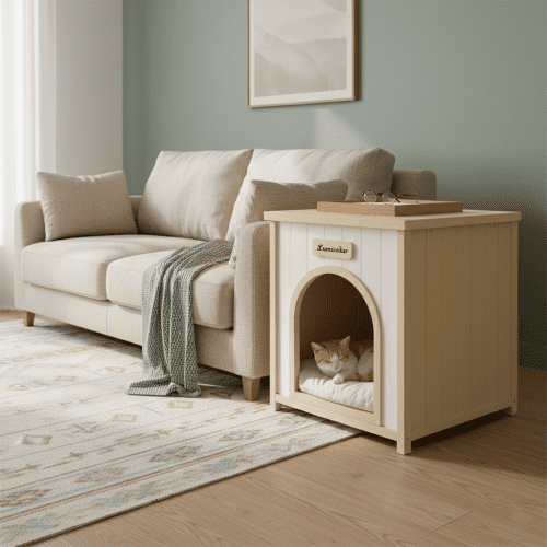 Indoor Wooden Dog House for Small Dogs and Cats Solid Cedar Pet House with Removable Cushion Scandinavian Design, Cream White,Light Yellow