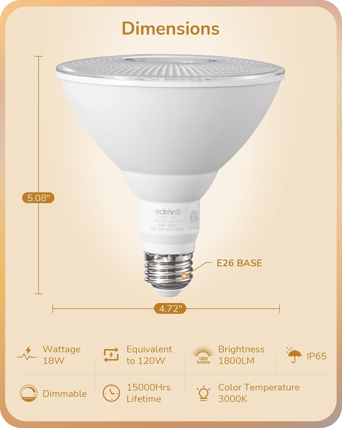 Flood Light Bulbs, PAR38 LED Outdoor Flood Light Bulbs, 120W Equivalent Dimmable Waterproof for Patio Yard Porch Driveway Garage, 3000K Warm Light 18W 1800LM E26 Base, 4 Pack, ETL Listed