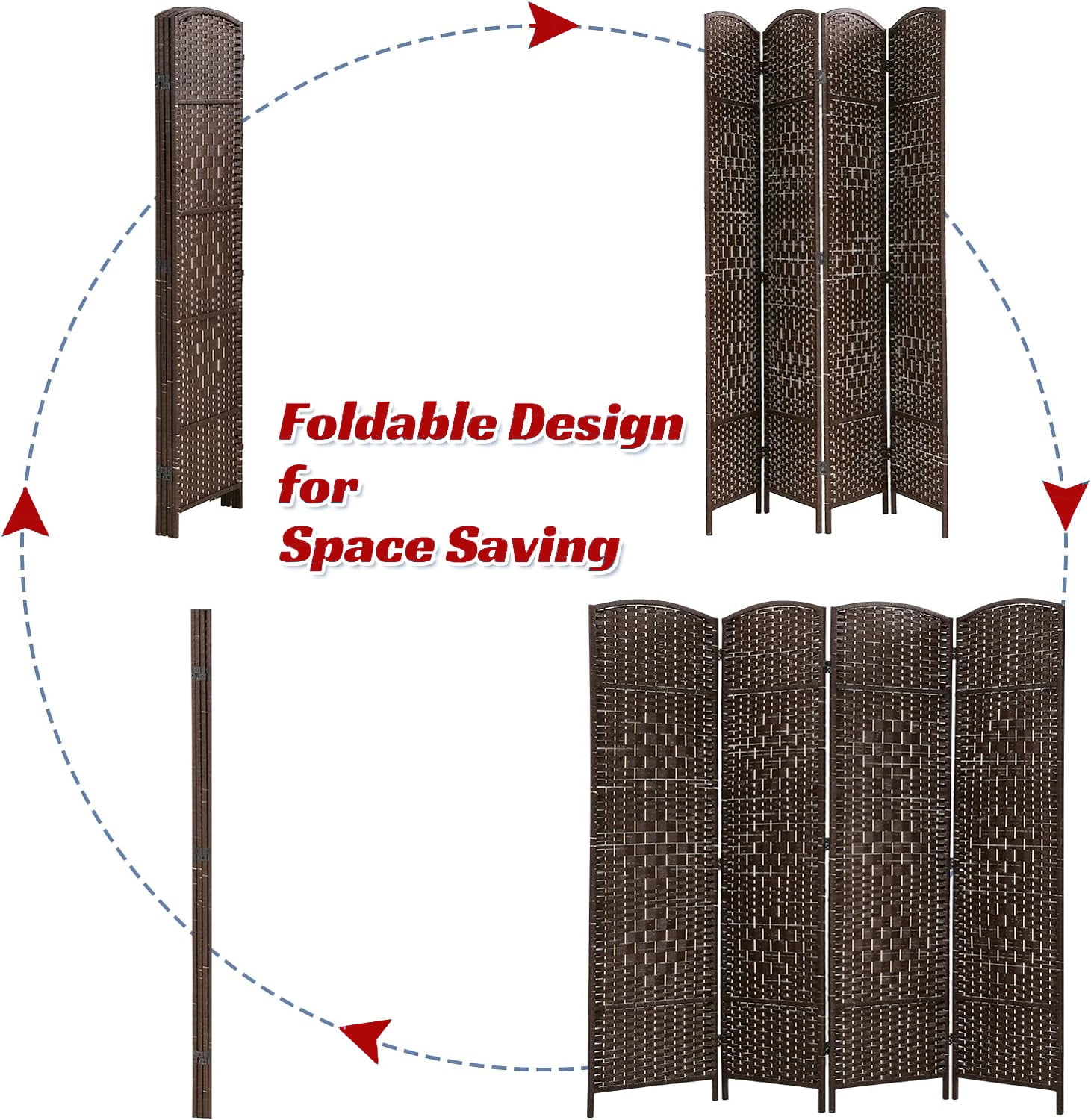4-Panel Rattan Room Divider, Freestanding Folding Privacy Screen for Indoor Use,  Brown
