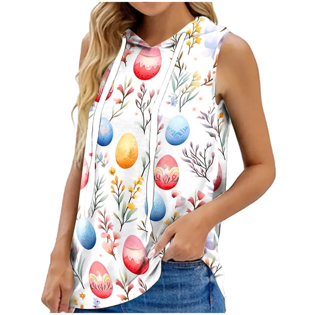 Tops de Ajuste Suelto para las Mujeres de Moda Impresa con Capucha sin Mangas, Poliéster