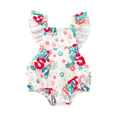 

Infant Baby Girl Clothes 4th of July Outfits USA/Floral Print Romper Flying Sleeve Square Neck Playsuit Summer Clothing