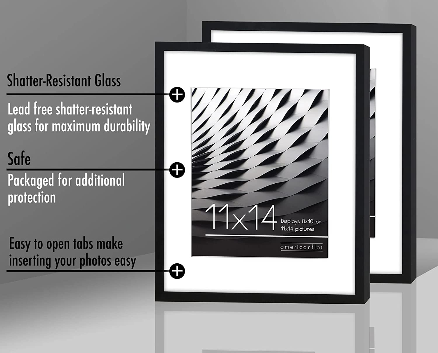 Americanflat 11x14 Picture Frame in Black - Displays 8x10 With Mat and 11x14 Without Mat - Horizontal and Vertical Formats for Wall and Tabletop (2 Pack)