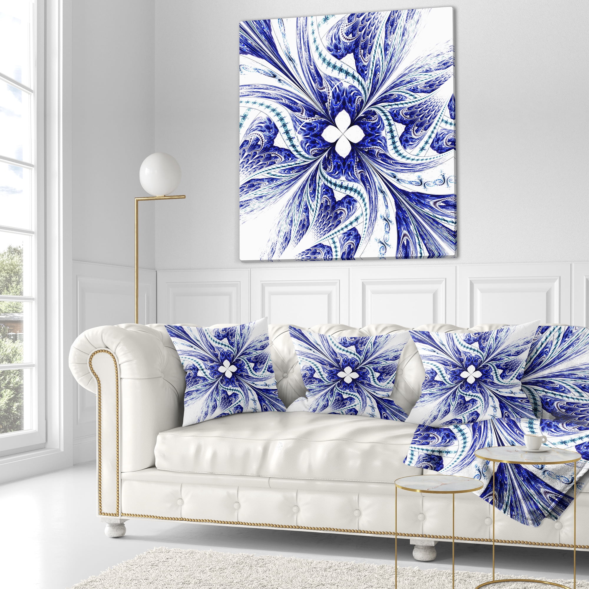 Designart Symmetrical Blue White Fractal Flower - Floral Throw Pillow - 18x18