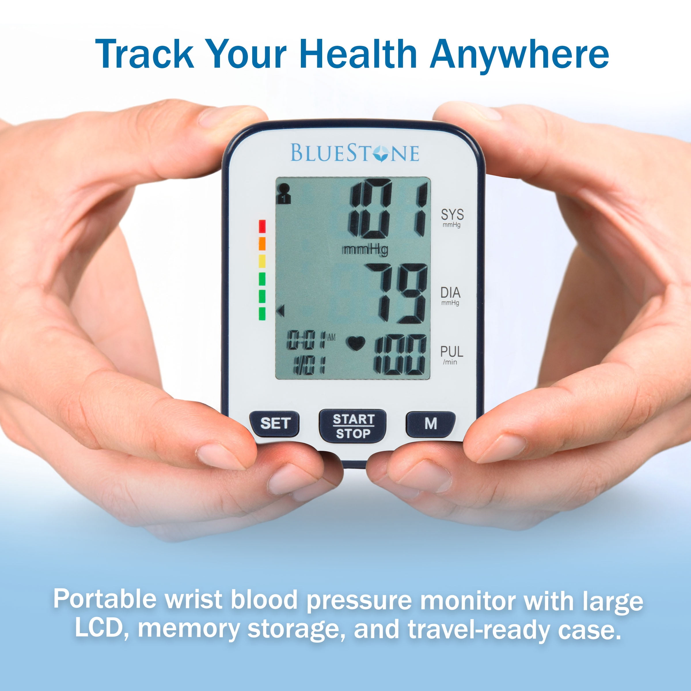 Bluestone Cuff-Style Heart Rate Monitor - Electronic Blood Pressure Cuff and Pulse Monitor with LCD Display, Memory, and Storage Case