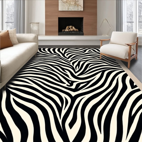 ODIKA 4'x6' Machine Washable Non-Slip Area Rug, Dynamic Zebra Stripe High Traffic Rug, Black, 287495