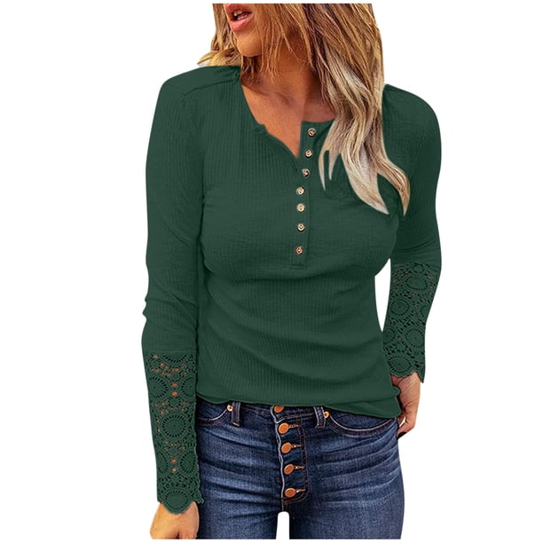 Mujeres Sexy Color sólido Encaje Costura Manga larga Cuello redondo Camisas Blusa Tops Pompotops gfhjh14980