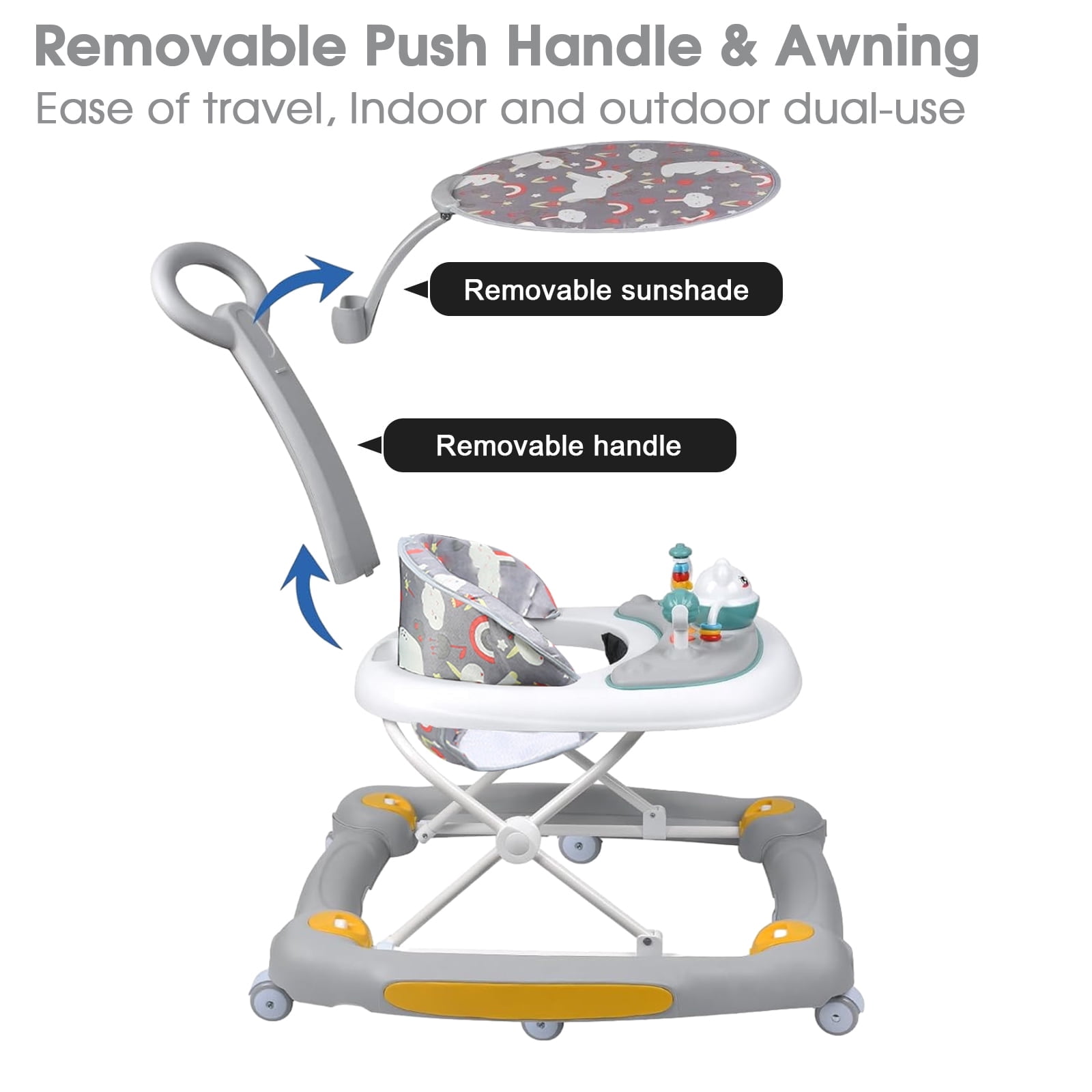 YYuan 4-in-1 Infant Walker with Music and Play Toys, Compact Folding Baby Walker with Wheels for Boys and Girls,Grey