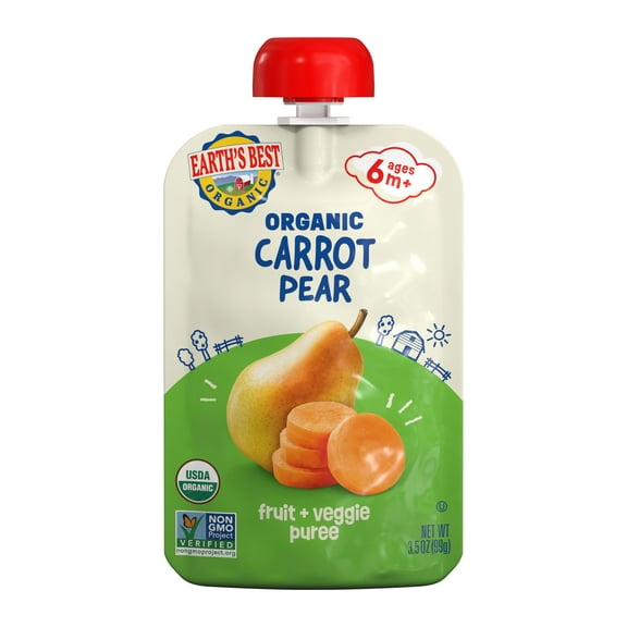Earth's Best Organic Stage 2 Baby Food, Carrot Pear Fruit & Veggie Puree, 3.5 oz Pouch