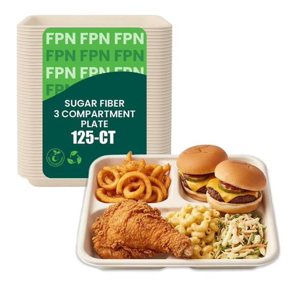 FPN Plates Square 3-Compartment 125 Pack Disposable Trays – Sugarcane Fiber, Biodegradable & Compostable, Paper Plates for Meals, Catering, School Lunch, Microwave & Freezer Safe