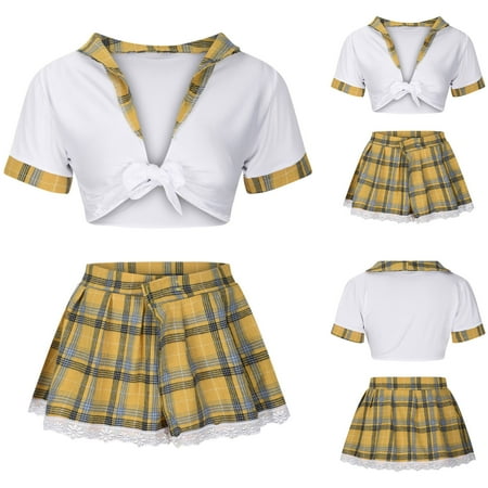 

Fengqque Women s Sexy Hot Selling Erotic Uniforms Student Wear Lace Edging Uniforms Sexy Lingerie Three-Point Temptation