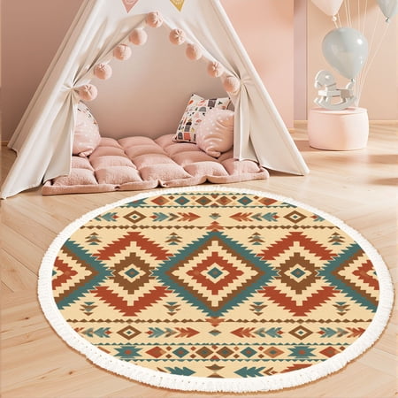 Washable Non Slip 3ft Round Rug Southwest Tribal geometric print Ethnic Circle Area Rugs with Tassels Carpet for Nursery Bedroom Living Room Playroom Tent rug Tent Castle