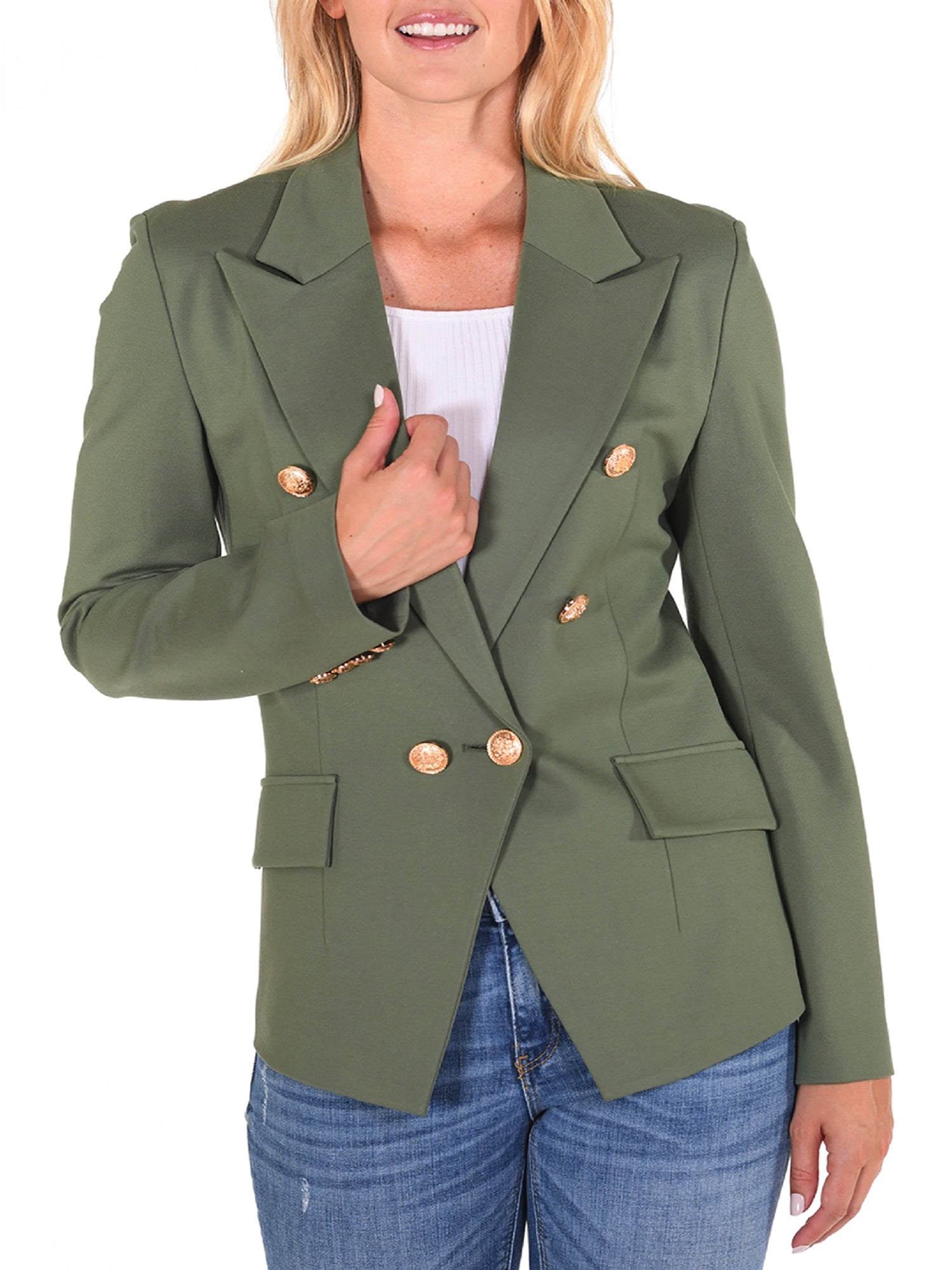 Womens Coat Curve Double Breasted Belted Coat 4 Button 2 Pocket Collared Jacket 