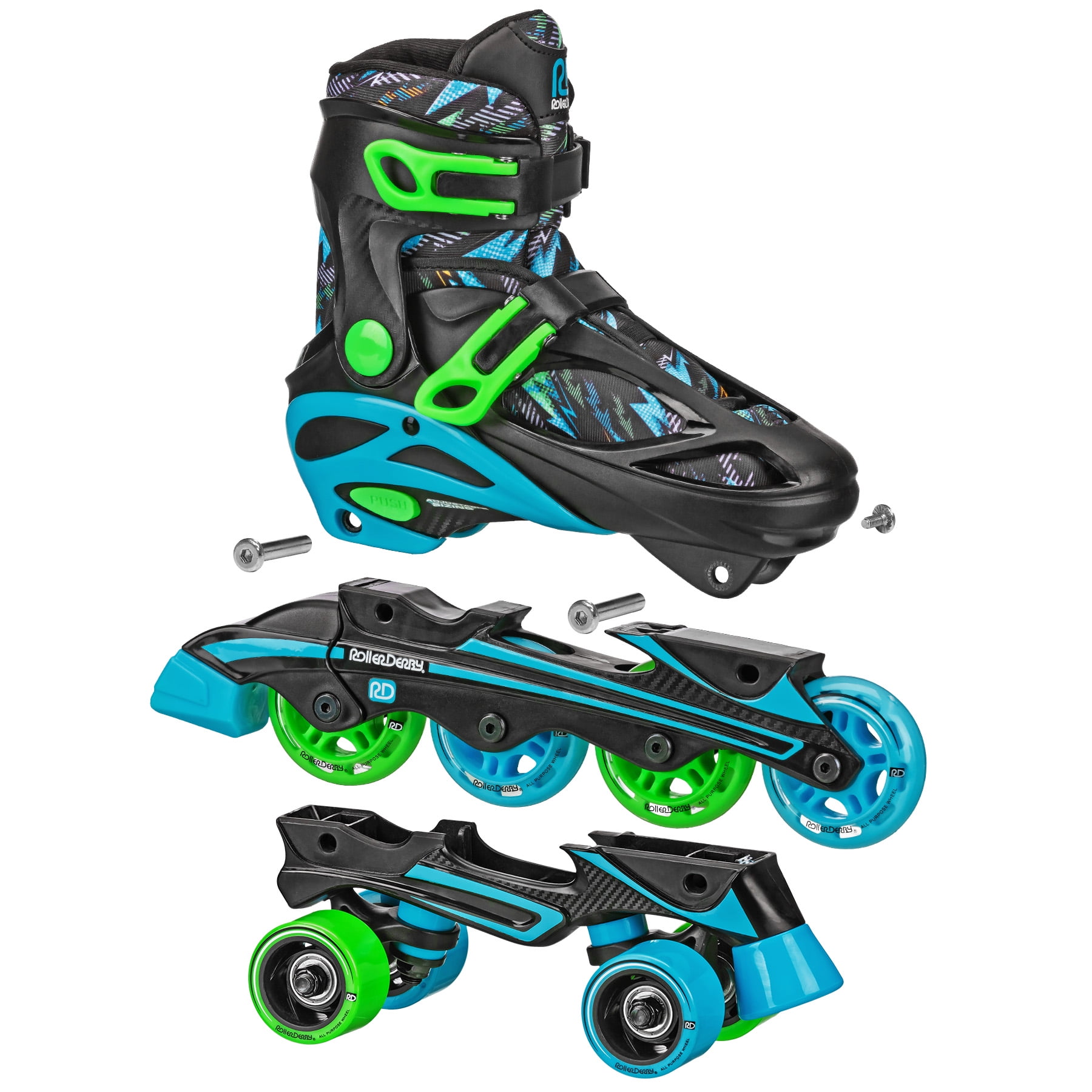 Roller Derby Sprinter Boy's Adjustable Quad and Inline Skate Combo, Lightning, Size 3-6