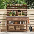thumbnail image 4 of HMSHA 64.9"H Outdoor Potting Bench Table with Lockable Wheels,Solid Wood Outdoor Kitchen Island with Upper Hutch,Stainless Steel Top,Towel Rack ,Outdoor Storage for Grilling,Lawn Garden-Brown, 4 of 11